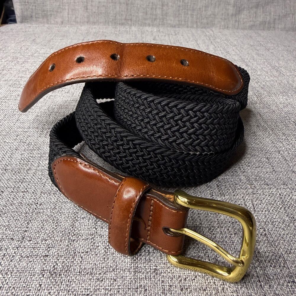 Lands End Mens Vintage Braided Belt Size 44 Black Woven Leather Trim Made in USA